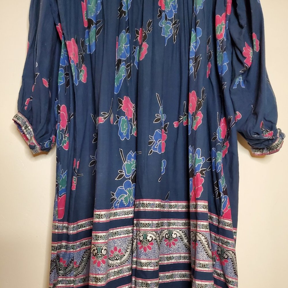 Night Spirits Navy Pink and Silver Floral Long Sleeve Indian Hippie Folk Dress - Picture 2 of 9